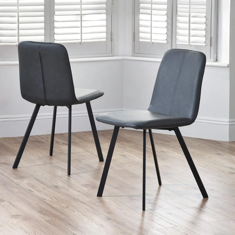 Julian Bowen Goya Dining Chairs Set of 2 - Upholstered Faux Leather Grey Chair with Black Metal Legs, Padded Kitchen Seat with Backrest for Dining Room - 86cm x 60cm x 45cm