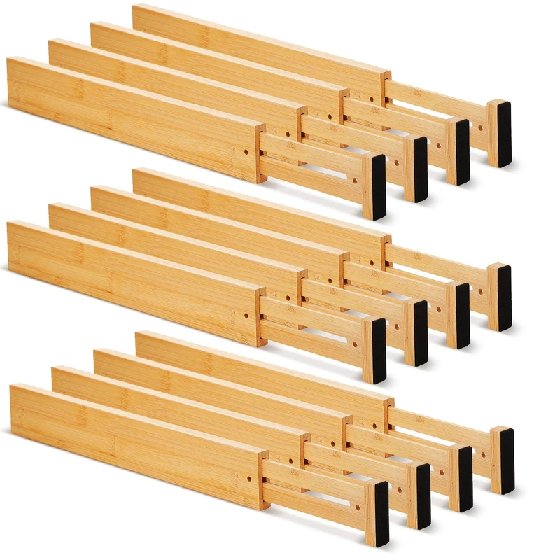 Sawysine 12 Pieces Bamboo Drawer Dividers Adjustable Drawer Organizers 2.4" High 17"-22" Spring Separators Organization Expandable Organizers for Kitchen Bedroom Bathroom Dresser Office
