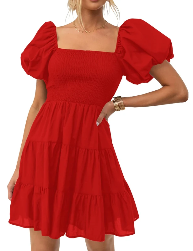ZESICA Women's 2023 Boho Summer Square Neck Puff Sleeve Off Shoulder Smocked Tiered Casual A Line Short Mini Dress, Firered, S - Image 1