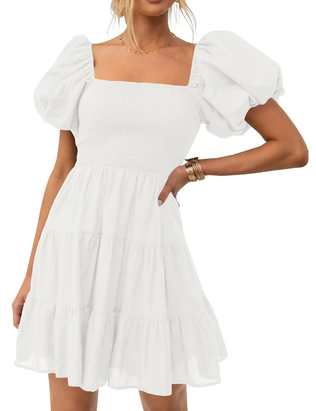 ZESICA Women's 2023 Boho Summer Square Neck Puff Sleeve Off Shoulder Smocked Tiered Casual A Line Short Mini Dress, White, S - Image 1