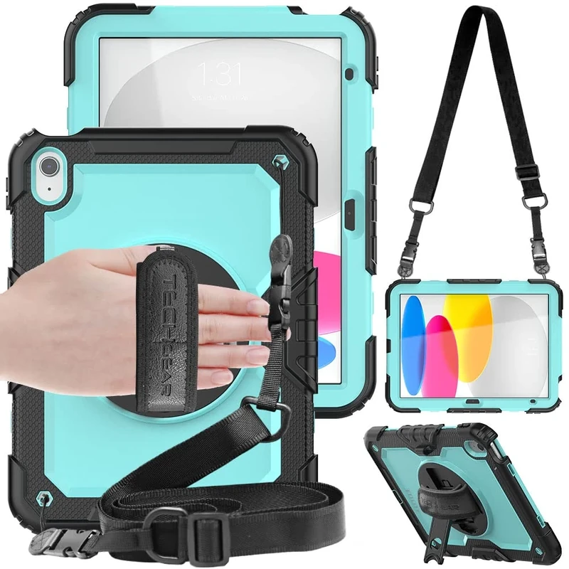 TECHGEAR UTILITY Case for iPad 11" A16 (11th Gen 2025) & 10.9" (10th 2022), Rugged Heavy Duty Shockproof Cover Screen Protection, 360 Stand, Hand & Shoulder Strap - for Work, School, Travel etc - Aqua