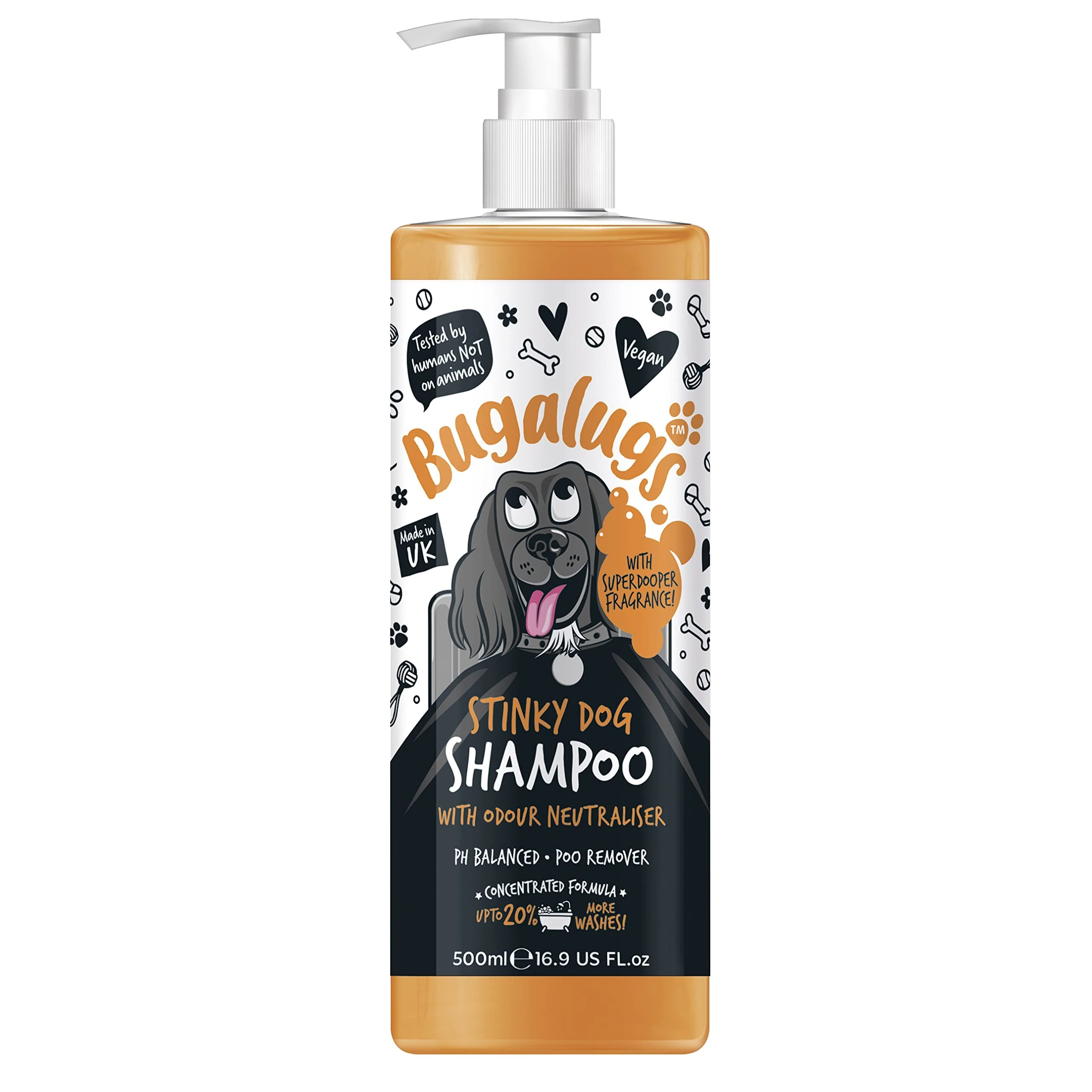 BUGALUGS Stinky Dog Shampoo with odour neutraliser, fox poo shampoo for dogs with dog perfume, vegan dog grooming dog shampoo for sensitive skin amazing puppy pet shampoo & conditioner (1x500ml)