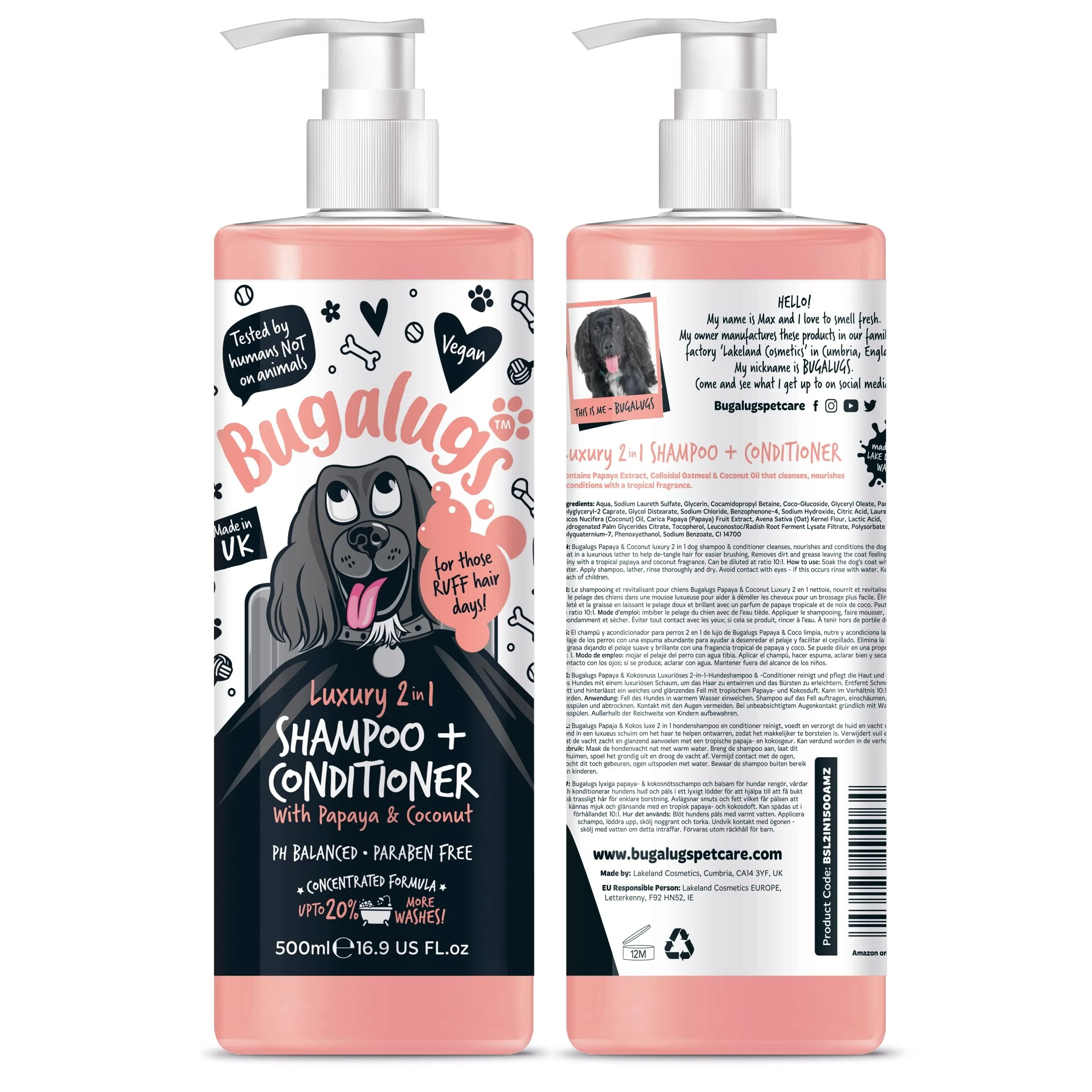 BUGALUGS Dog Shampoo and Conditioner with Luxury 2 in 1 Papaya & Coconut fragrance, professional puppy shampoo grooming products for smelly dogs