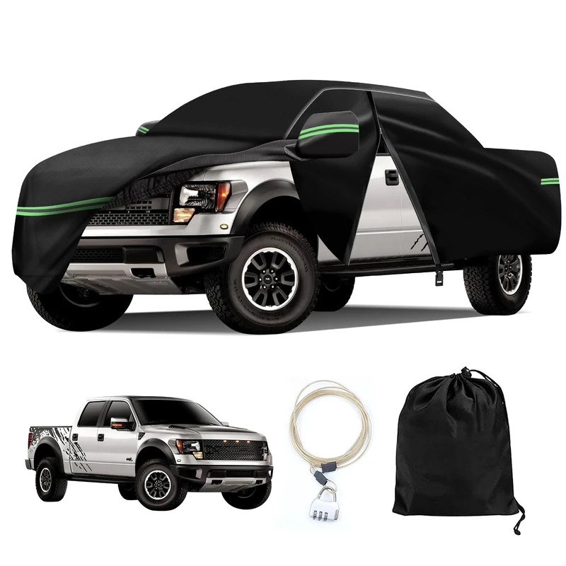 210T Wind- and Water-Proof Car Cover, 6-Layer with Reflective Strip and Zipper, All Weather Compatible with 2001-2021 Ford F150 F250 F350 Raptor, with Combination Lock and Extra Large Storage Bag