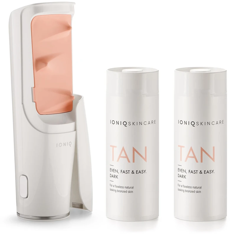 IONIQ skincare value set with IONIQ ONE Sprayer and 2 TAN dark cartridges - A golden, non-streak tan application in just three minutes - Magnetic Skin Technology - Vegan, nourishing, natural glow