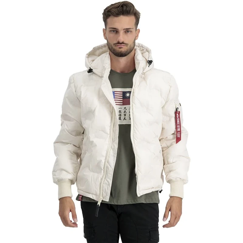 ALPHA INDUSTRIES Men's Hooded Logo Puffer Winter Jacket, Jet Stream White, XXXL