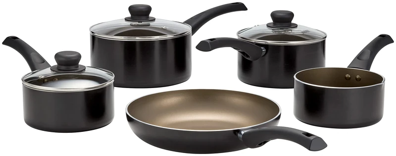 Judge Radiant Teflon Non-Stick Saucepan Set 16cm Milk Pan, 24cm Frying Pan and 16cm, 18cm & 20cm Pans, Glass Lids with Vent, Induction Ready, Oven Safe