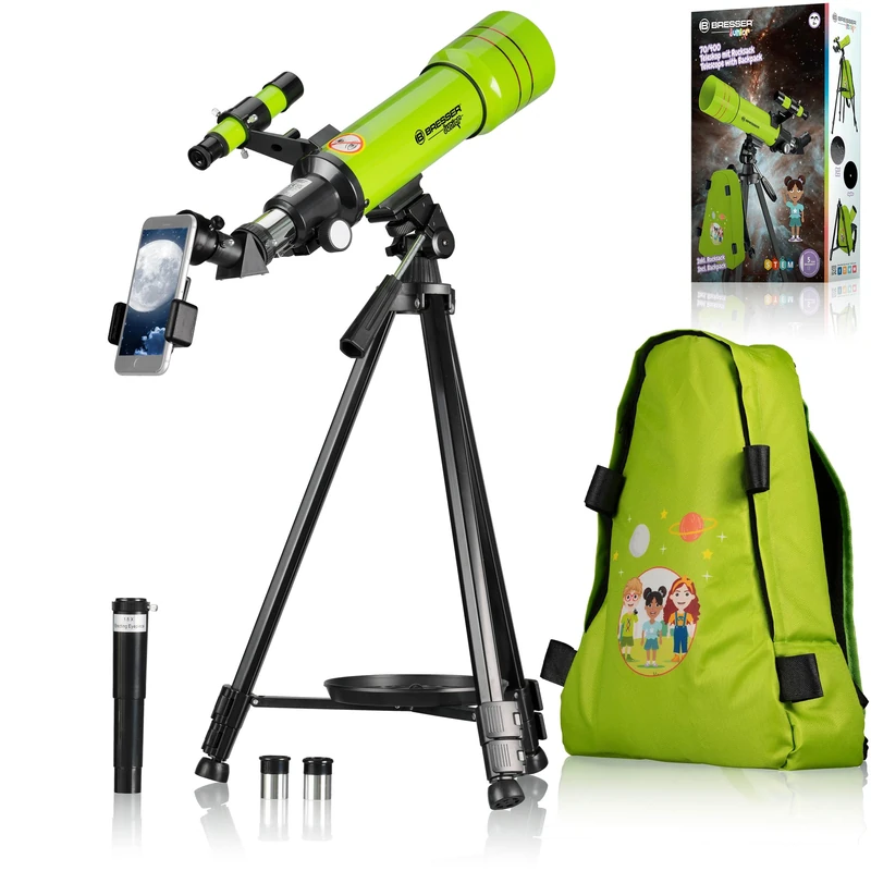 Bresser Junior Children's Telescope - 70/400 Lens for Astronomy Beginners, with Backpack, Accessories & Smartphone Holder, Night Sky Observation, Green