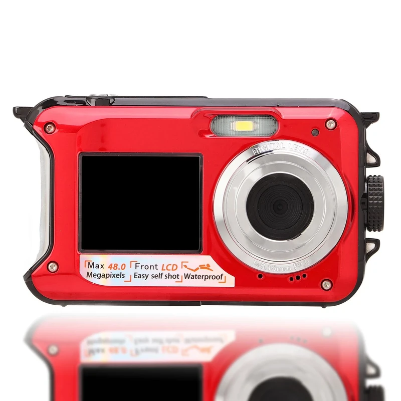 Full HD 2.7K 48MP Dual Screens Waterproof Digital Camera, 16X Digital Zoom, Front Rear Double Screens, Gift for Kids & Friends (Red)