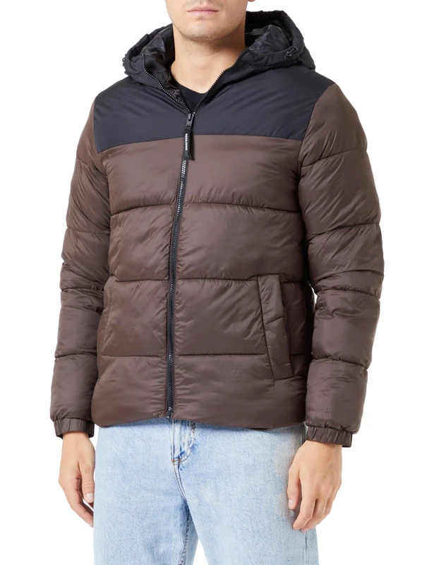 Bestseller A/S Men's JJETOBY Buffer Hood SN Puffer Jacket, Seal Brown/Detail: Black Blocking, M, Seal brown/detail: black blocking, M
