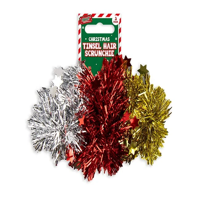 Pack of 3 Tinsel Hair Scrunchies in Gold, Red, & Silver - Perfect for Christmas