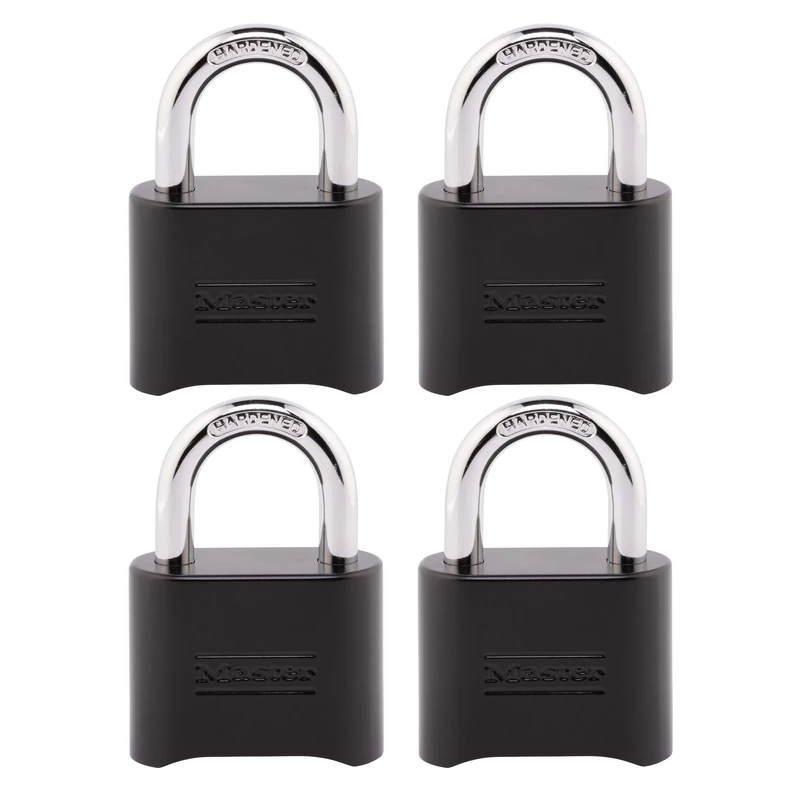 Master Lock Combination Lock, Set Your Own Combination Padlock, Indoor and Outdoor Lock, Weatherproof Code Lock, 4 Pack, 178EC4, Black