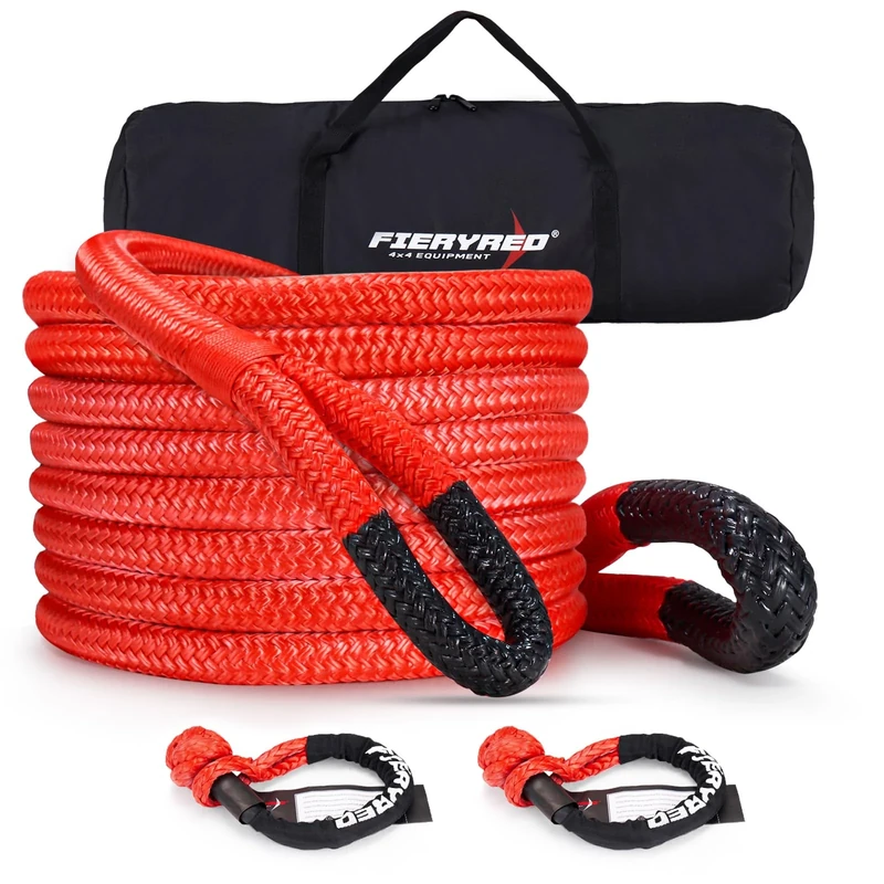 FieryRed Kinetic Recovery Rope Kit, 7/8 Inch 30 FT Recovery Rope with Soft Shackle, Power Stretch Snatch Rope, Red, Compatible with ATV, UTV, Snowmobile, SUV