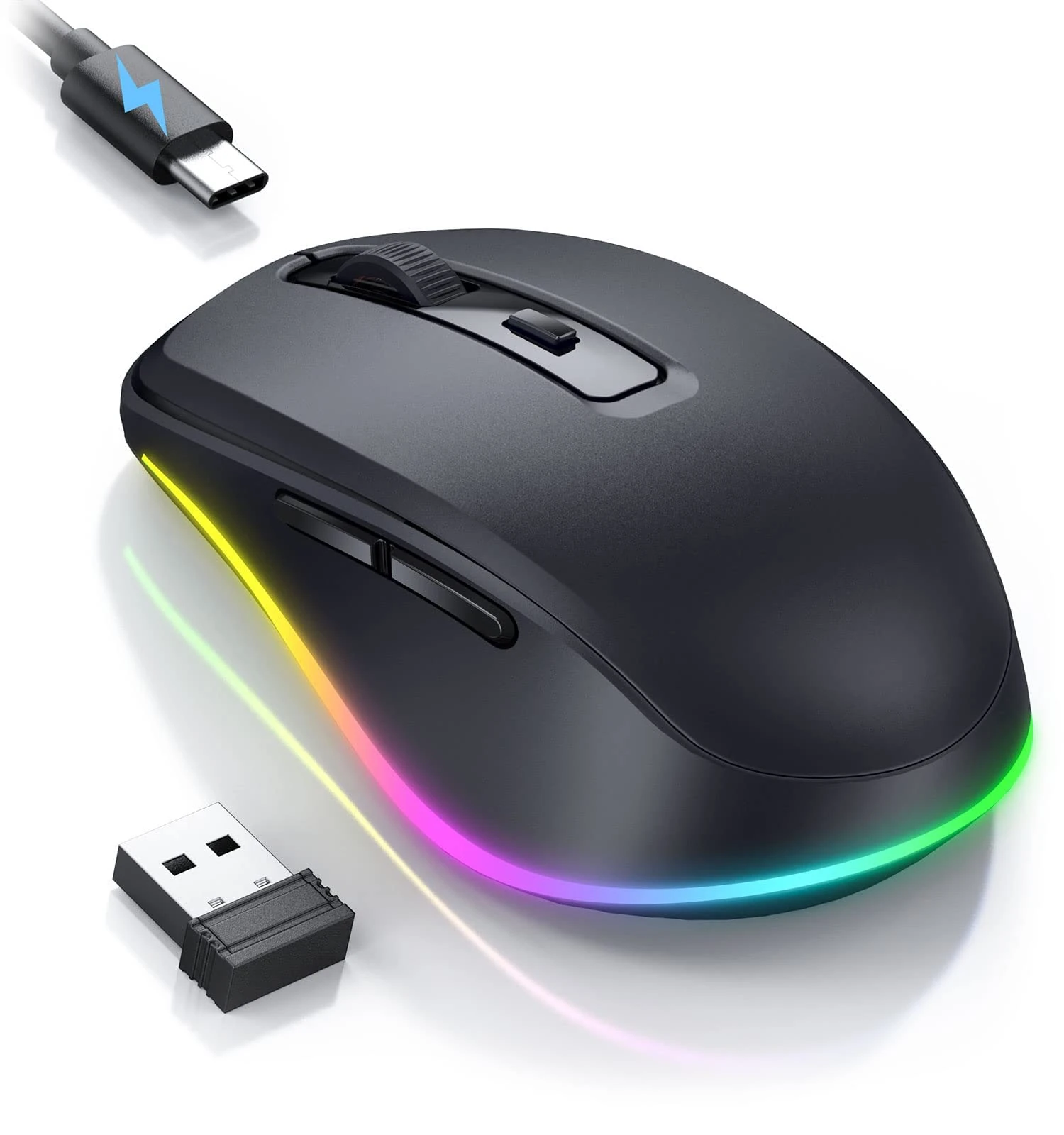Seenda Wireless Mouse, Rechargeable Light Up LED Mouse for Laptop, 2.4G USB Silent Mice with Built in Jiggler Mover, Undetectable Simulate Mice Movement to Keep Computer Awake, Black