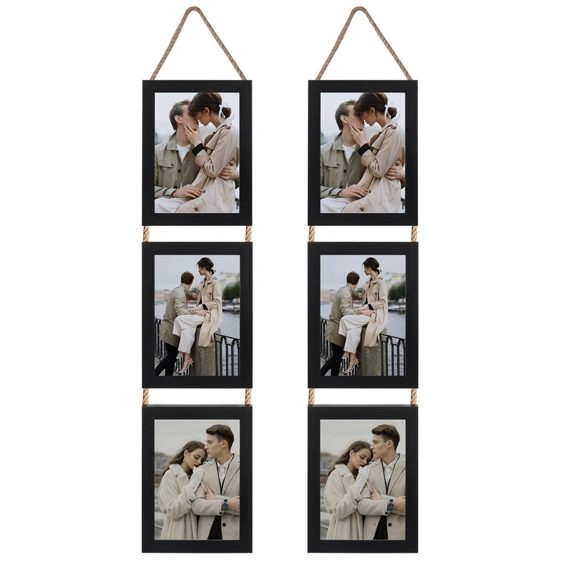 Lavezee 5x7 Collage Triple Picture Frames Set, Black 6 Opening Hanging Vertical Frame Made to Display 5 by 7 Inch Photo Print for Wall Decor