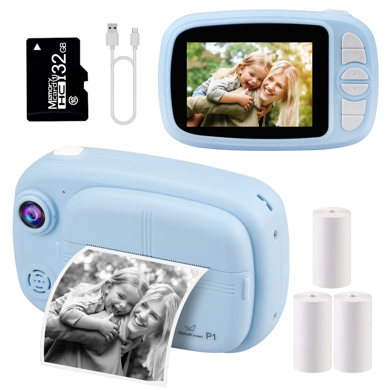 GlobalCrown Kids Camera Instant Print,3.5 Inch Screen Video Child Digital Kids Instant Camera Photo Gifts for Boys Girls (Included 4 Rolls of Printing Paper and 32GB Card)