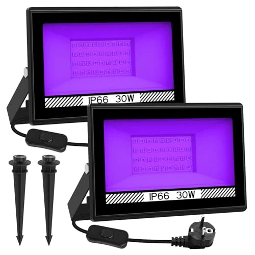 30 W LED Black Light Spotlight, NATPOW UV Black Light Floodlight with Plug IP66 Waterproof Black Light Lamp Fluorescence Blacklight Party Light for Halloween Aquarium Bar Neon Colours Disco (2 Pieces)
