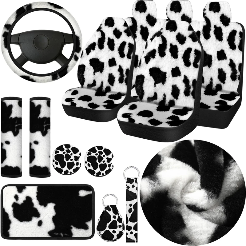 Frienda Cow Print Car Seat Covers Full Set for Women Men Cow Print Car Accessories Set Rubber Steering Wheel Cover Car Armrest Pad Cover Seat Belt Pads Wrist Holder Keychain (Plush)
