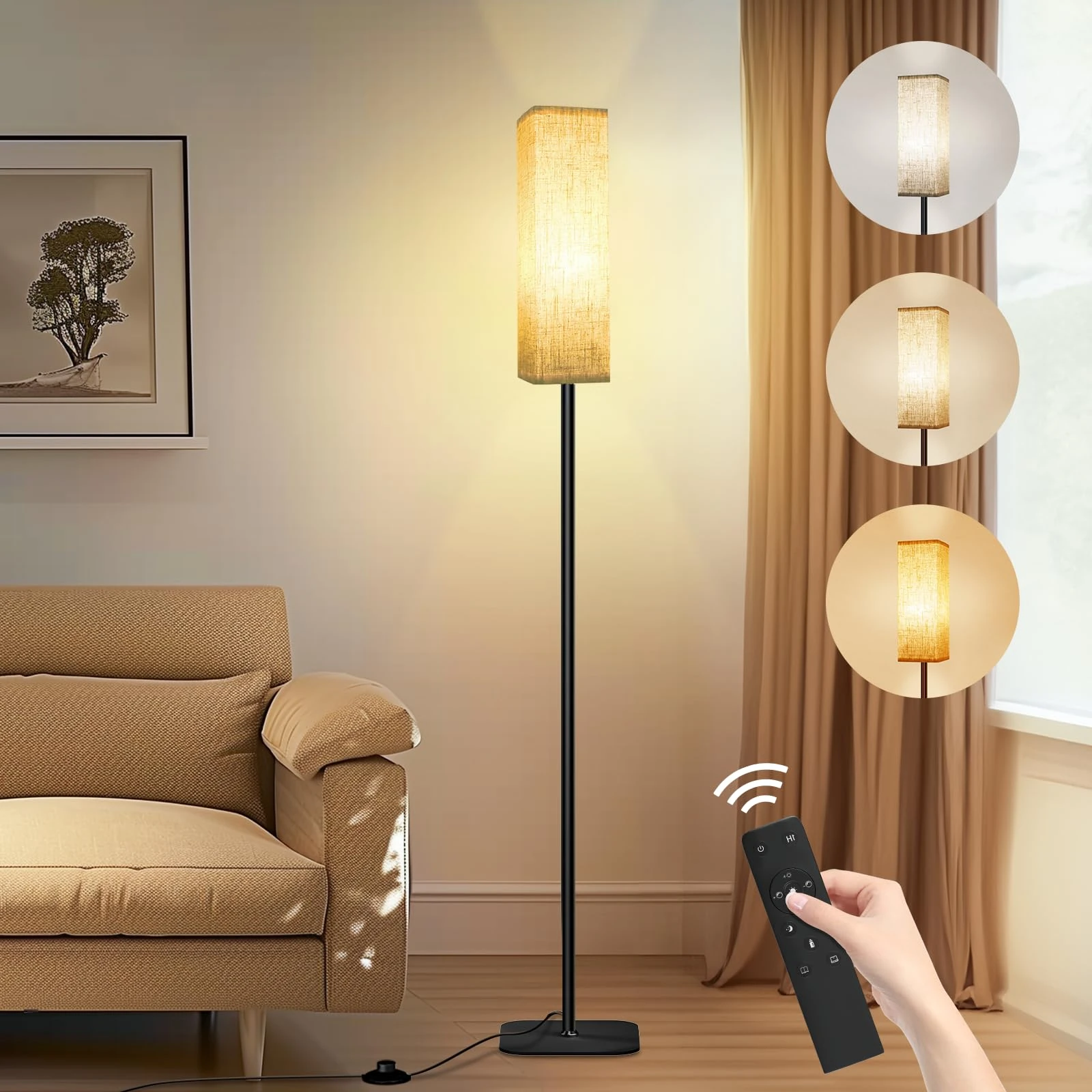 CRLL Floor Lamp for Living Room, Modern Standing Lamps with Remote & Foot Switch, 2700k-6500k Dimmable Tall Reading Lamp with Linen Shade | Standard Lamp Night Light for Bedroom Office (Modern)