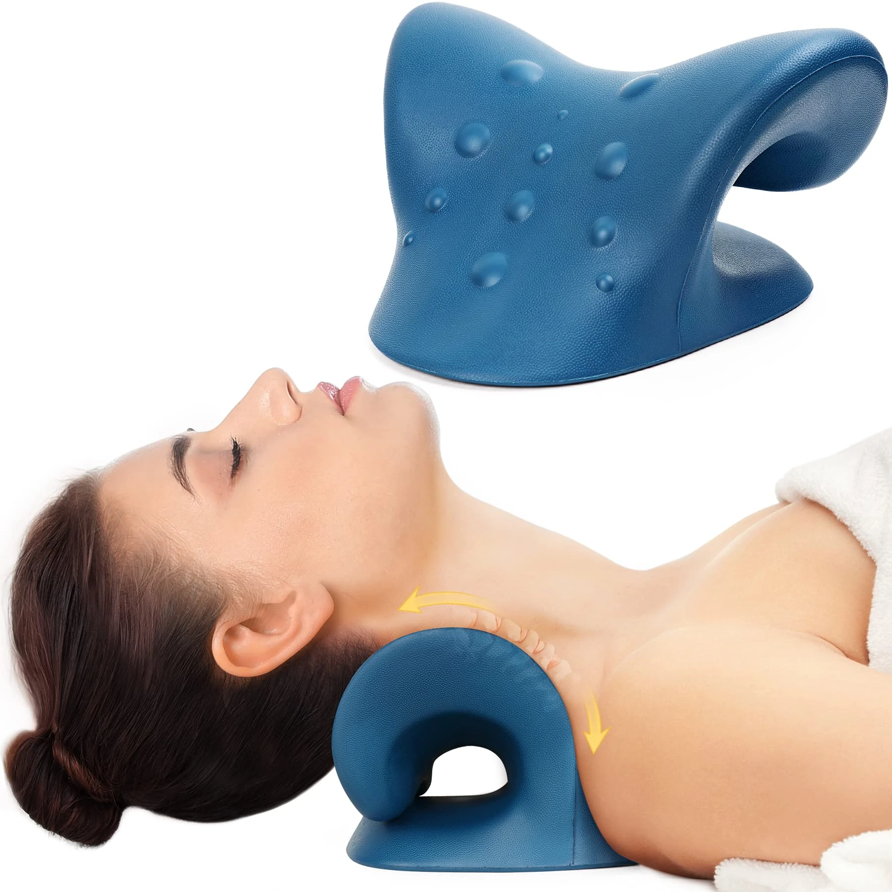 Neck Stretcher for Pain Relief, Neck and Shoulder Relaxer, Cervical Traction Device for TMJ Pain Relief and Cervical Spine Alignment Neck Curve Corrector, Chiropractic Pillow (Dark Blue)