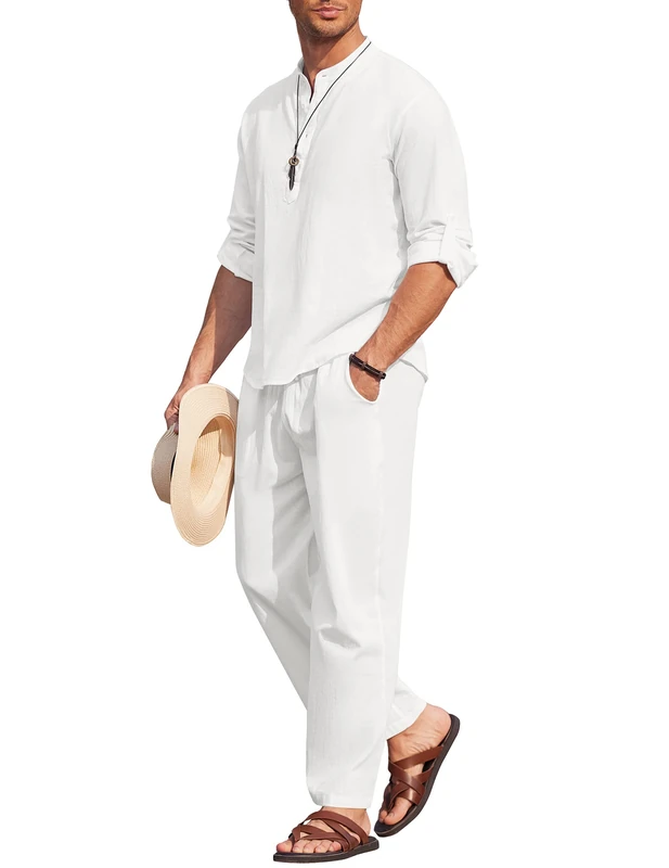 COOFANDY Men's 2 Pieces Cotton Linen Set Long Sleeve Henley Shirts Casual Beach Pants With Pockets Summer Yoga Outfits, 01-white, Medium
