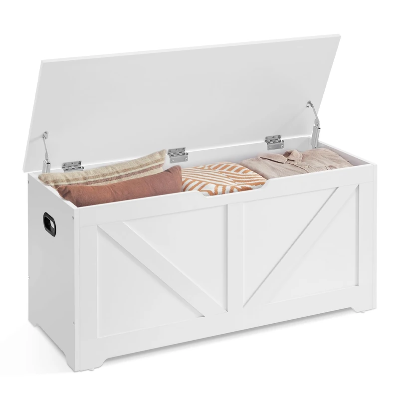 VASAGLE Storage Chest, Storage Bench, Blanket Box with 2 Safety Hinges, Shoe Storage Bench, Farmhouse Style, 40 x 100 x 46 cm, for Hallway, Bedroom, Living Room, Cloud White LSB060T14
