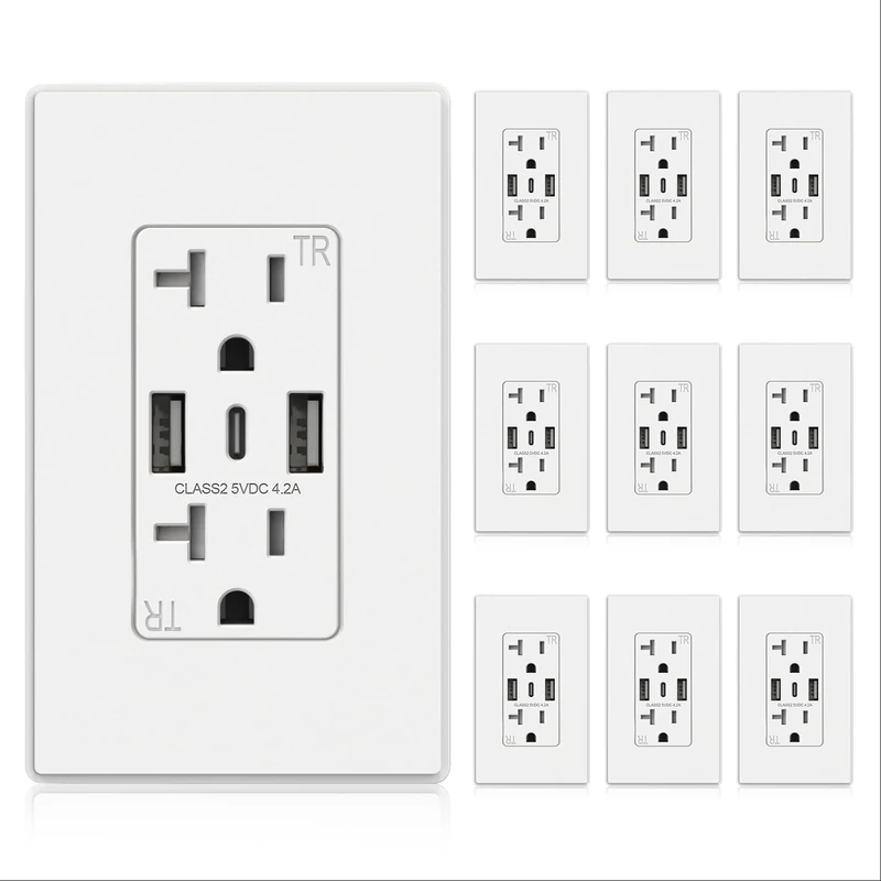 ELEGRP USB-C Wall Outlets - 3-Port Matte White 20Amp Receptacles with USB-C Ports, Tamper-Resistant, Screwless Wall Plate Included, UL & CUL Listed, 10 Pack