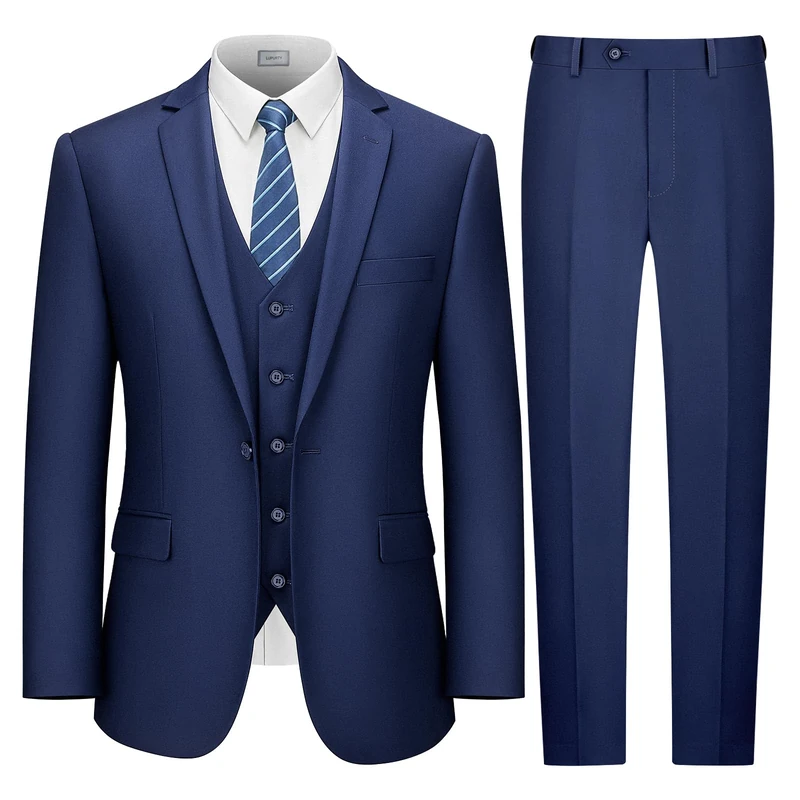 LUPURTY Suits for Men, 3 Piece Men's Suit Slim Fit, Solid Jacket Vest Pants with Tie, One Button Tuxedo Set, Navy Blue, L