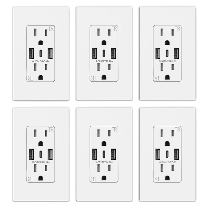 15 Amp ELEGRP USB Wall Outlet, Dual Type C and one Type A Ports, 6 Pack, White