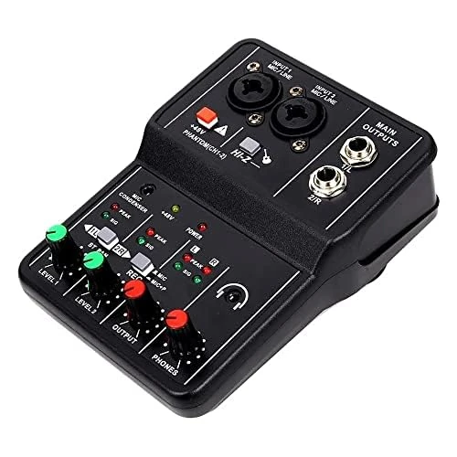 VOANZO Mini Audio Mixer for PC USB Mixer 2 Channel Mixer Microphone/Guitar XLR+6.35mm 3.5mm Stereo in 48V Phantom Power