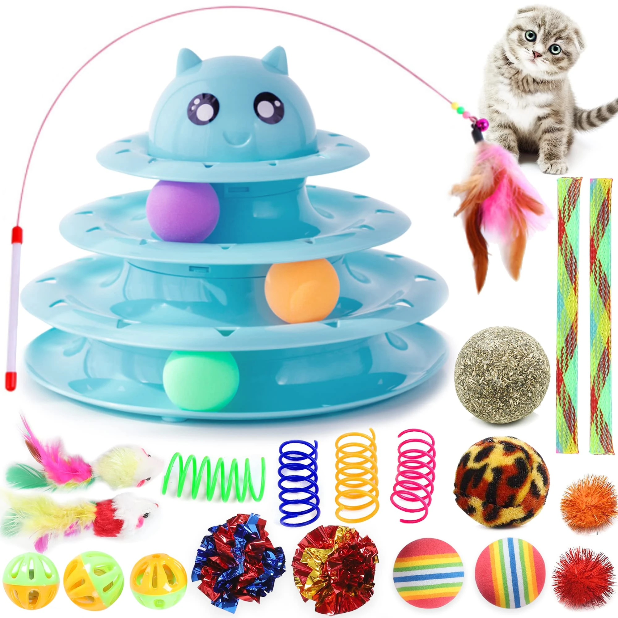 Suhaco 21 Pack Cat Toys for Indoor Cats Interactive Kitten Toy Fun Roller 3 Level Cats Ball Toys with Catnip Ball Self Play Cat Feather Wand Kitty Toy for Boredom (Blue)