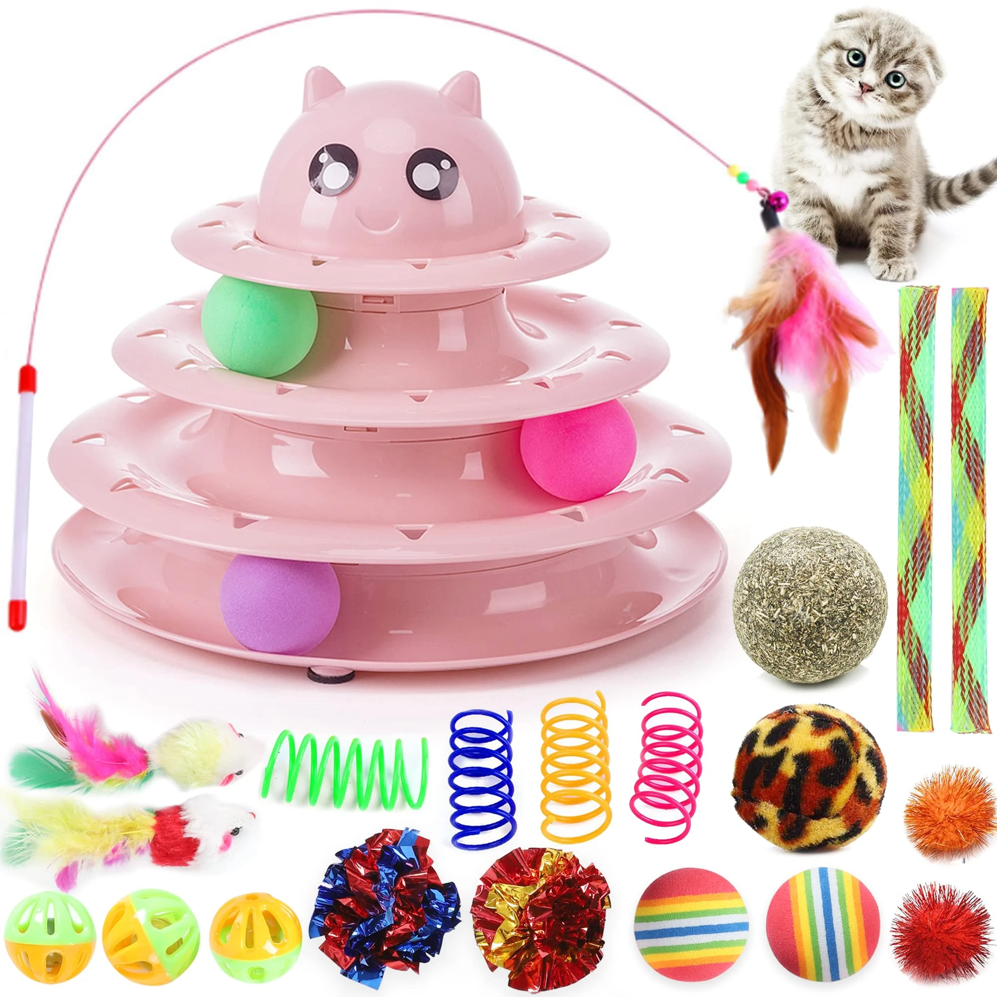 Suhaco 21 Pack Cat Toys for Indoor Cats Interactive Kitten Toy Fun Roller 3 Level Cats Ball Toys with Catnip Ball Self Play Cat Feather Wand Kitty Toy for Boredom (Pink)