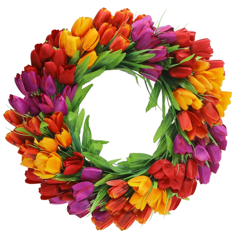 U'Artlines 20Inch Tulip Wreath for Front Door, Spring Summer Silk Wreath with Green Leaves Artificial Tulip Flower Wreaths for All Seasons Window Wall Wedding Valentines Day Decor