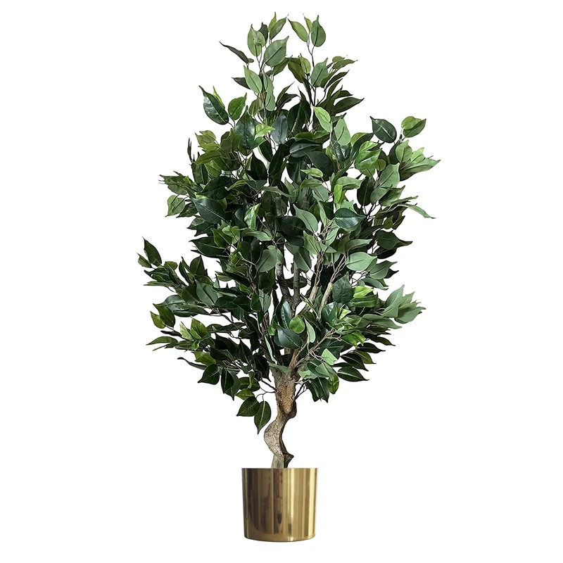 Leaf Realistic Artificial Tree with Planter, Mixed Materials, Dark Bushy Ficus Gold, 100cm