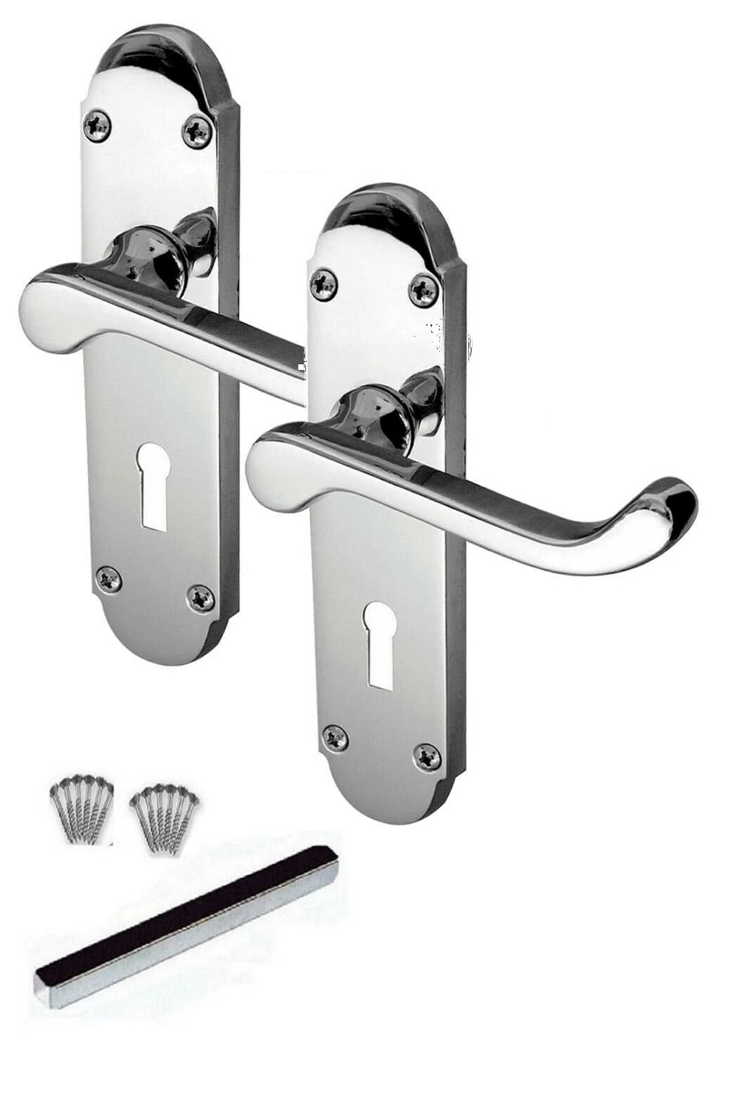 Golden Grace Victorian Scroll Door Handles on Shaped Backplate Lever Lock in Polished Chrome Finish