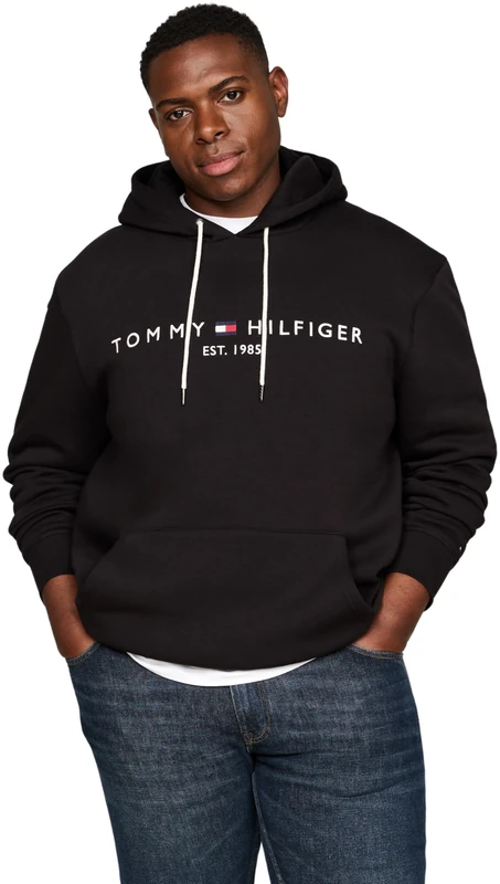 Tommy Hilfiger Men’s Logo Hoodie with Kangaroo Pocket, Black (Black), XXL