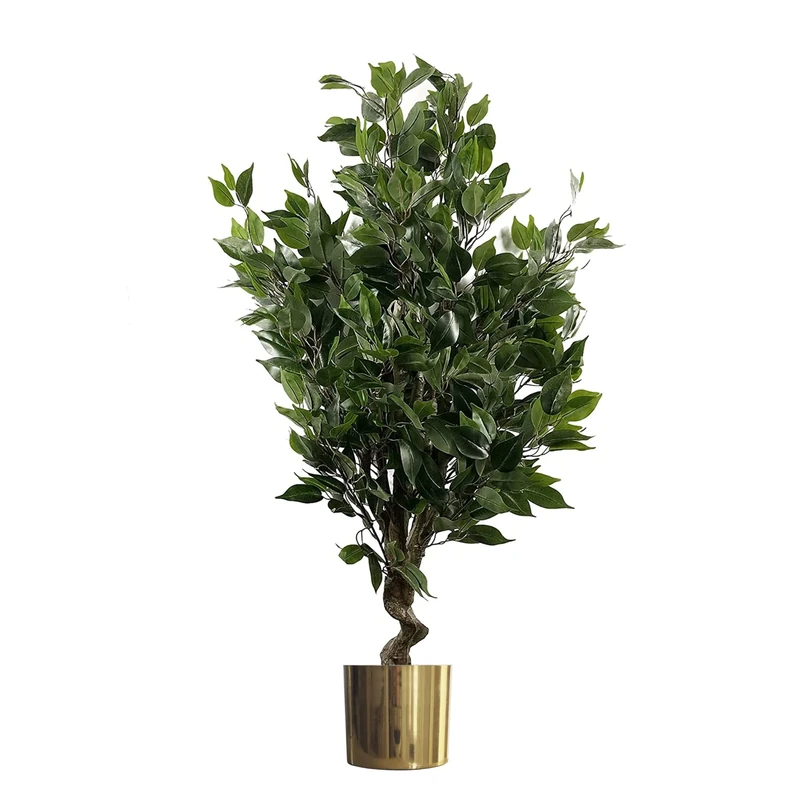 Leaf Tropical Artificial Plant in Metal Planter, Mixed Materials, Green Ficus Twist Gold, 110cm