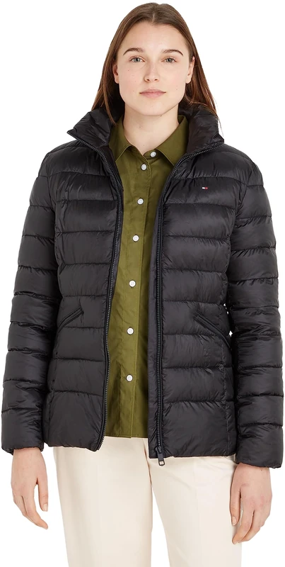 Tommy Hilfiger Women's Padded Global Stripe Jacket for Transition Weather, Black (Black), 3XL