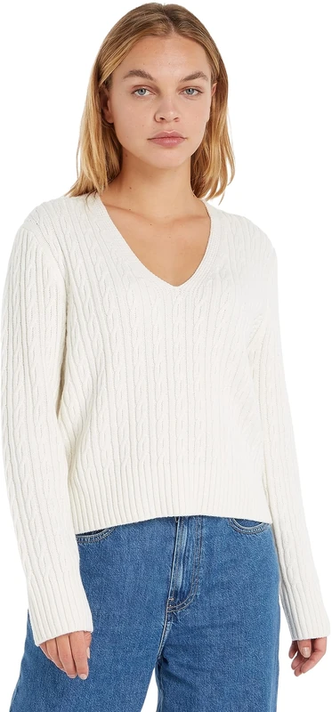 Tommy Hilfiger Women's Jumper V-Neck Sweater, White (Ecru), L