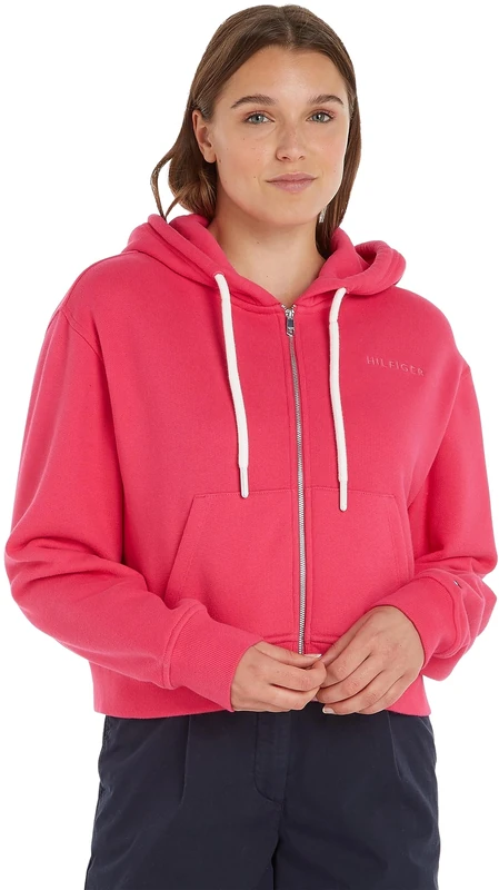 Tommy Hilfiger Women's Sweatshirt Zipper with Hood, Pink (Bright Cerise Pink), M