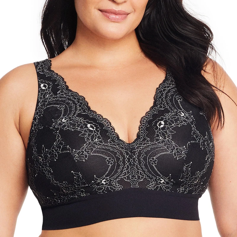 Glamorise Bramour Lexington Lace Plunge Bralette Wirefree Bra 7013 (Women's & Women's Plus) Black