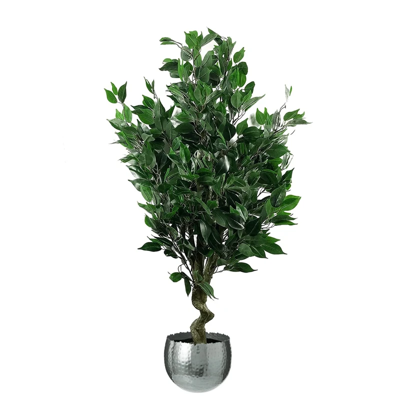 Leaf Tropical Artificial Plant in Metal Planter, Mixed Materials, Green Ficus Twist Silver Curve, 110cm
