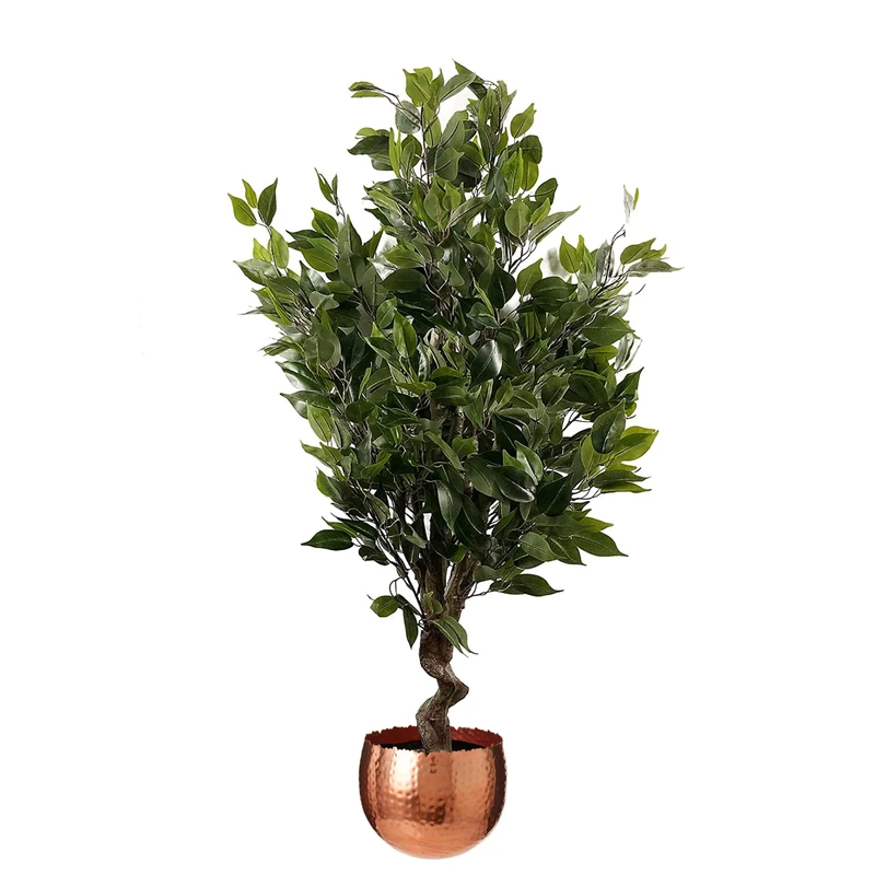 Leaf Tropical Artificial Plant in Metal Planter, Mixed Materials, Green Ficus Twist Copper Curve, 110cm