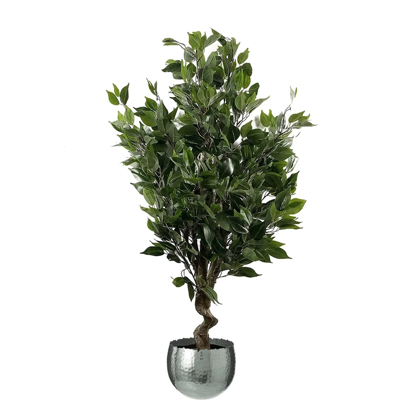 Leaf Artificial Indoor Tree with Planter, Mixed Materials, Evergreen Ficus Silver Curve, 110cm