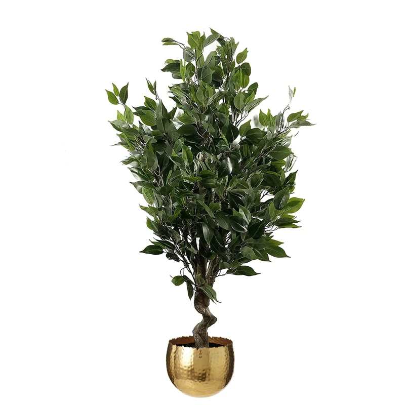 Leaf Tropical Artificial Plant in Metal Planter, Mixed Materials, Green Ficus Twist Gold Curve, 110cm
