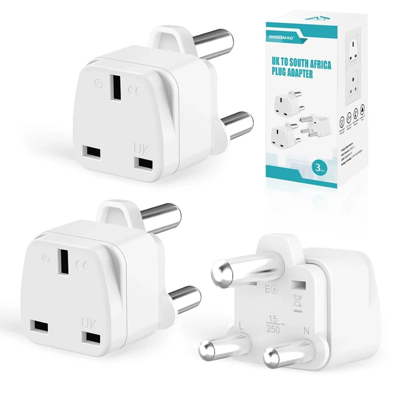 SHUOMAO 3-PACK UK to South Africa Plug Adapter, White, Compact Travel Adapter Converter, Type M, 240V AC, Perfect for South Africa, Namibia, Swaziland, Lesotho, Bhutan, Botswana