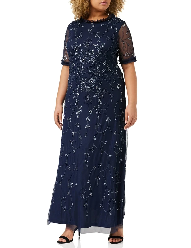 Amelia Rose Women's Ruffle Sequin Embellished Dress Special Occasion, Navy, 10