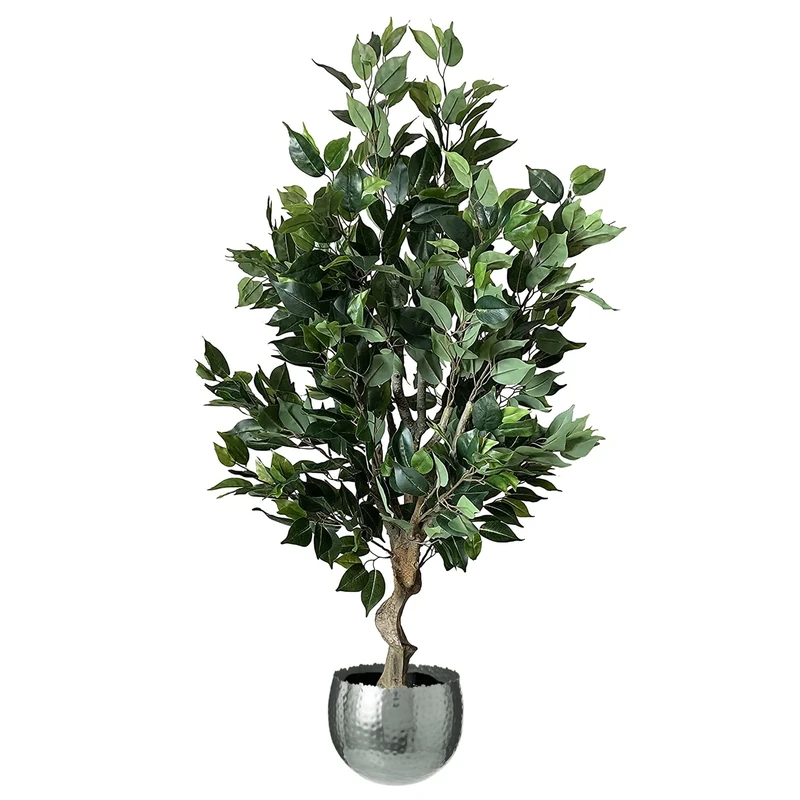 Leaf Realistic Artificial Tree with Planter, Mixed Materials, Dark Bushy Ficus Silver Curve, 100cm