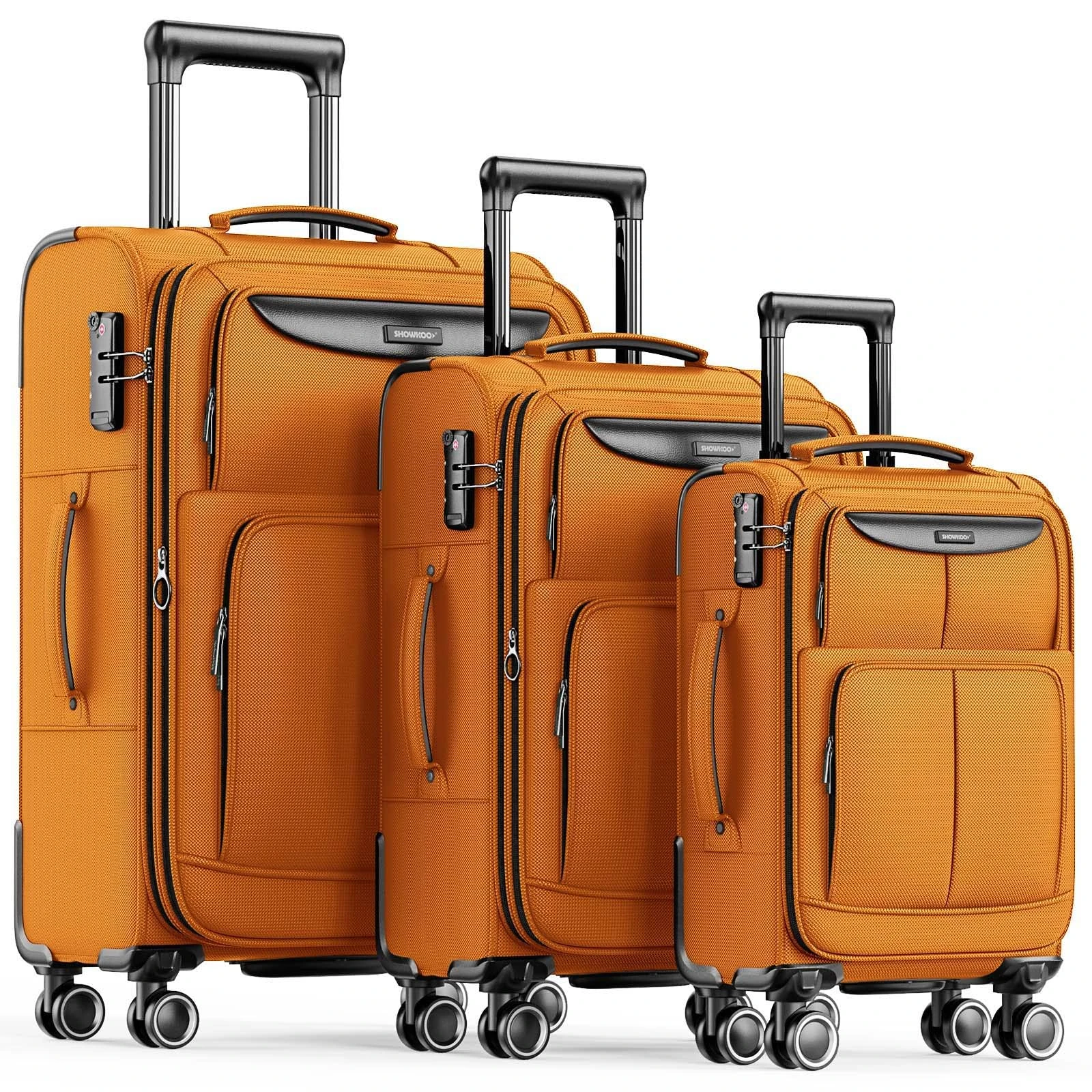 SHOWKOO Suitcase Sets 3 Piece Softshell Expandable Lightweight Durable Travel Luggage with Double Spinner Wheels TSA Lock, 20" 24" 28" -Orange