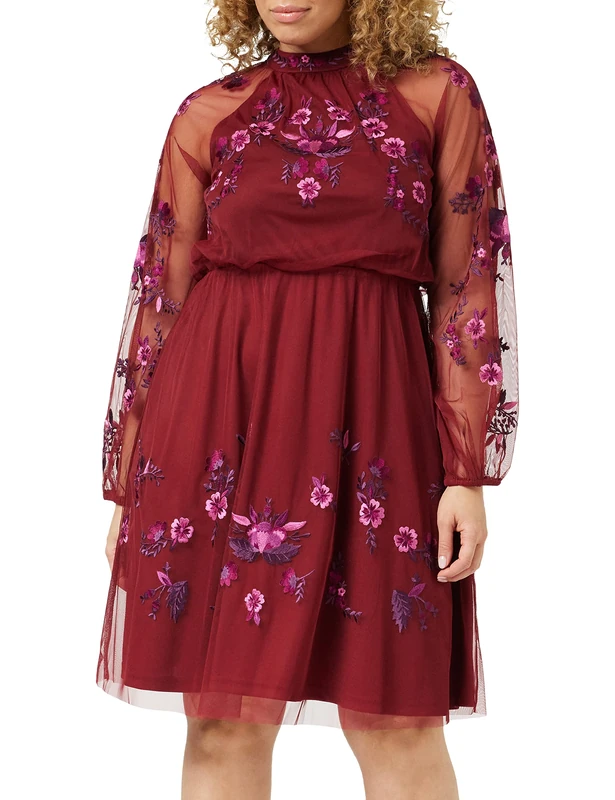 Frock and Frill Women's Floral Embroidered Dress Special Occasion, Burgundy, 14